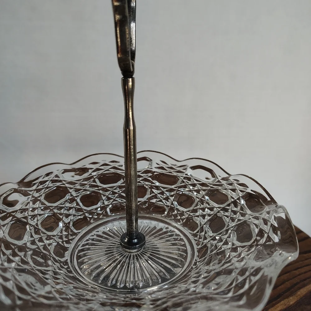 Glass Tidbit Tray Candy Dish W Silver Plated Handle England Jewelry Display Dish